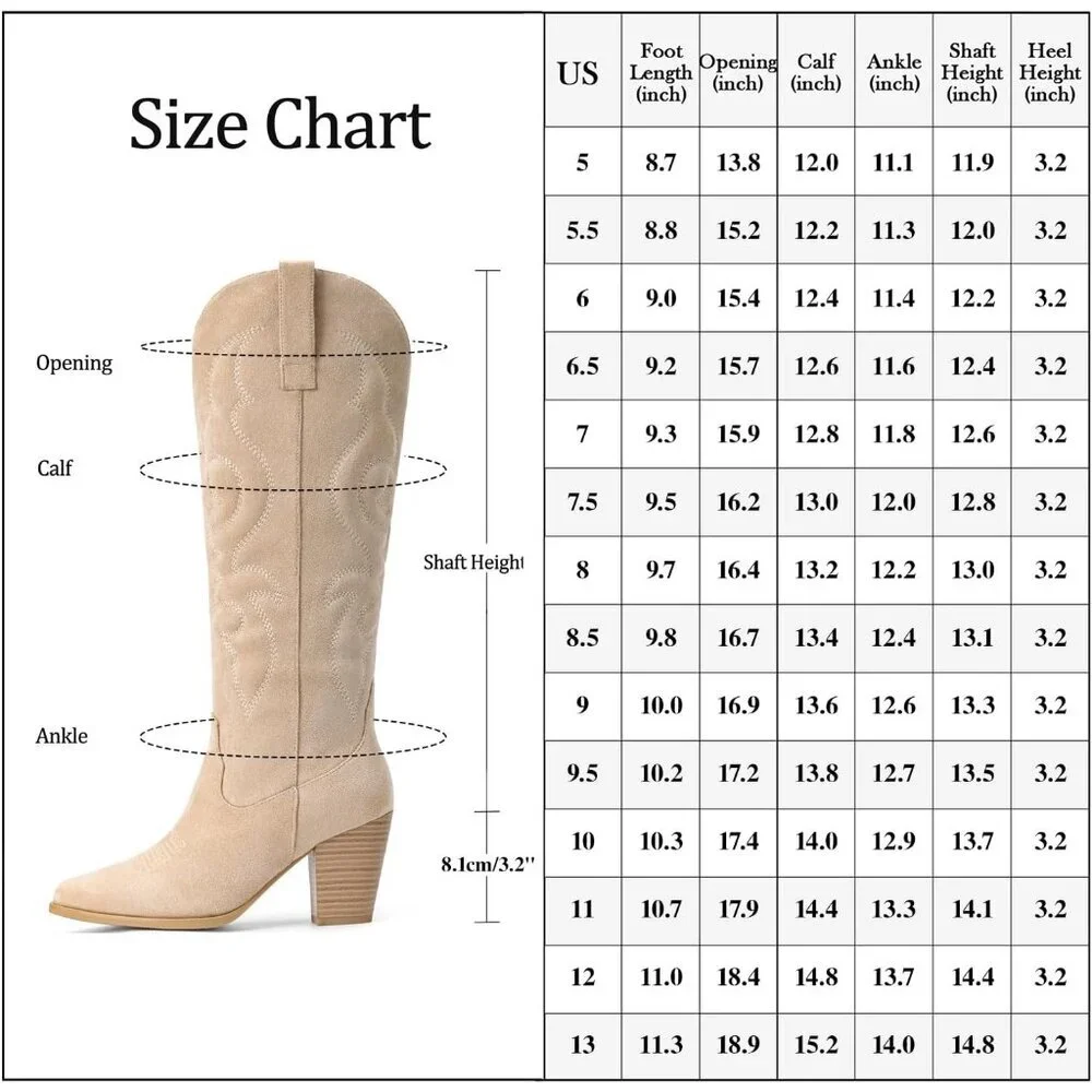 Women Beige Suede Western Knee High Cowgirl Boots with Side Zipper Retro Pointed